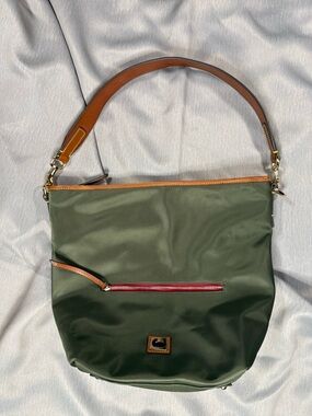 Dooney & Bourke Olive Nylon Shoulder Bag with Tan Leather Trim and Burgundy Zip